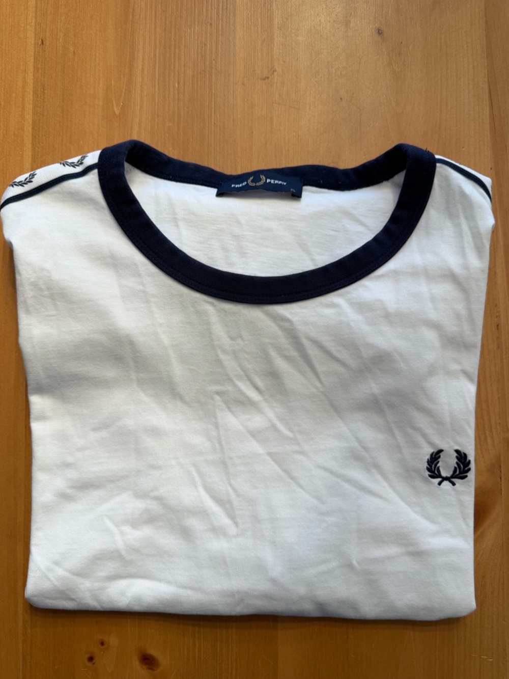 Fred Perry White T-Shirt with Navy Ringer and Laurel Wreath